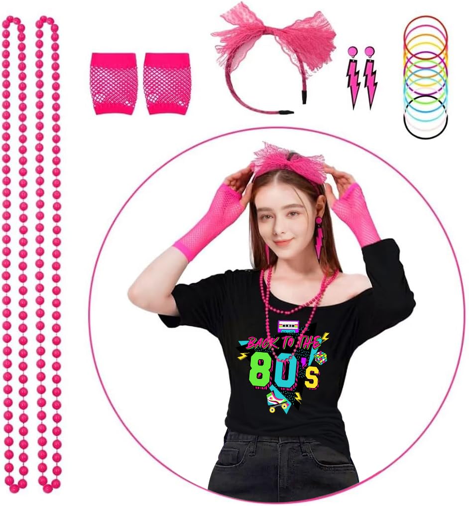 ELFIN 8 Pieces Women 80s Fancy Dress Off Shoulder Tops Lip Print 80s T-Shirt Warmers Fishnet Gloves Necklace Earring 1980s Costumes Outfit Accessories Retro Theme Party Cosplay - Image 2