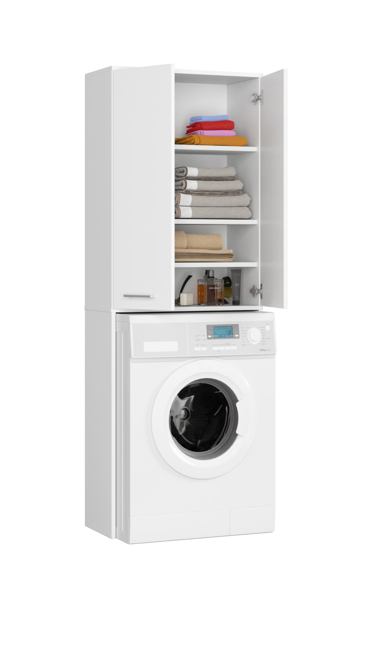 BDW - Armario para lavadora, estantería, armario alto - Muebles de baño, armario multiusos - 2 puertas - Armario alto 180 cm - Lavandería, lavandería - Blanco
