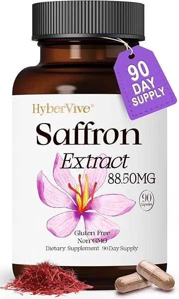 HyberVive Saffron Supplements 88.5MG | 90 Vegan Capsules, Happy Saffron Extract for Mood Energy Eye Focus Support for Women & Men, 100% Pure Ingredients, Made in USA, Non-GMO & Gluten-Free