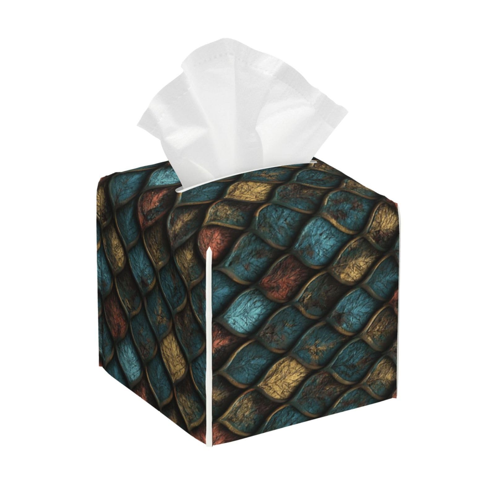 Fantasy Multicolor Dragon Scales Print Tissue Box Cover Holder Square, Foldable Modern Cube Tissue Box Cover, Leather Decorative Organizer for Tabletop Bathroom Car Office Desk Decor