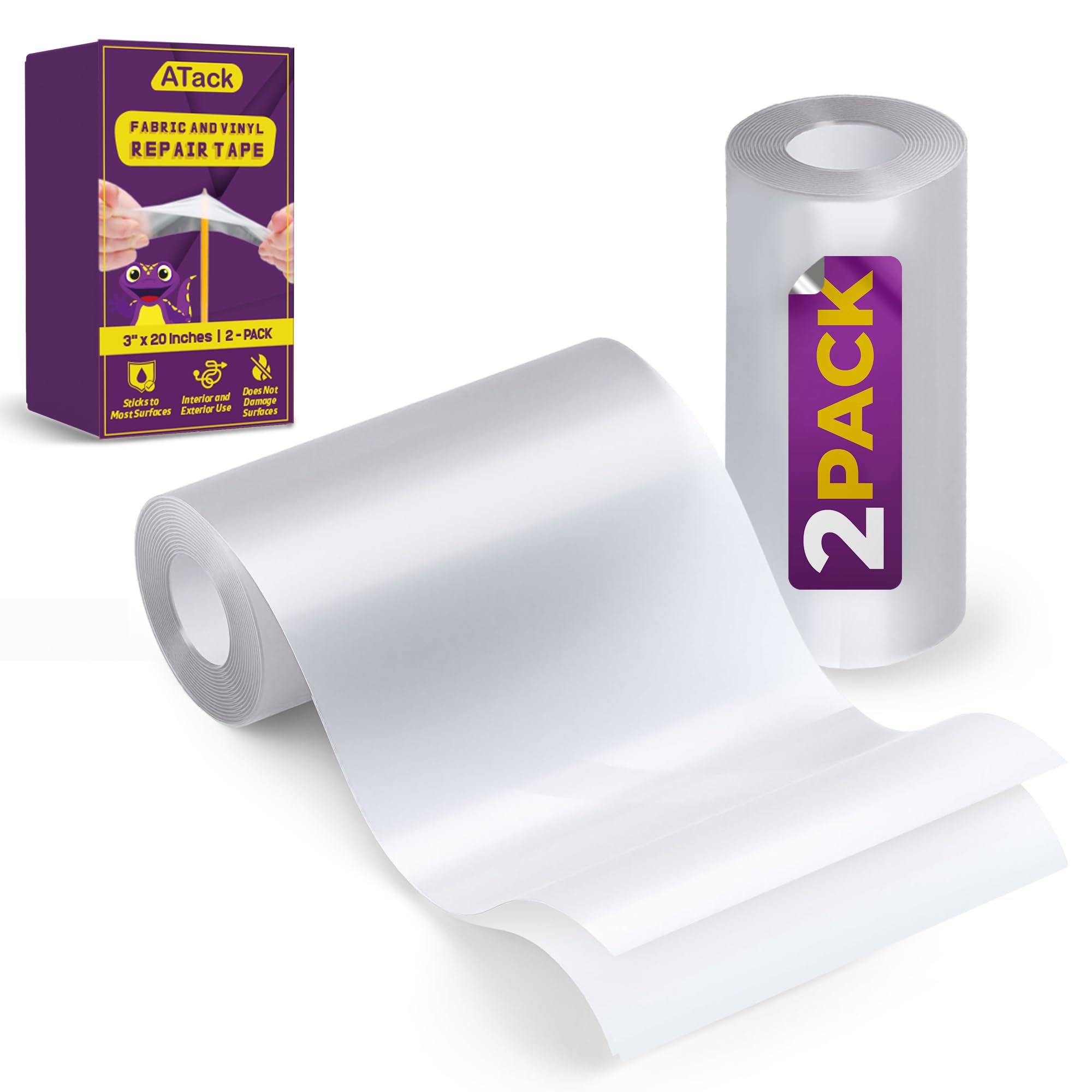 ATack Fabric and Vinyl Tear Repair Tape, Clear, 3-Inches by 20-Inches (2-Set), Waterproof Vinyl Repair Hole Patch Kit for Tent, Exercise Ball, Kayak, Inflatable Bed, Pool Float, and Airbed Mattress