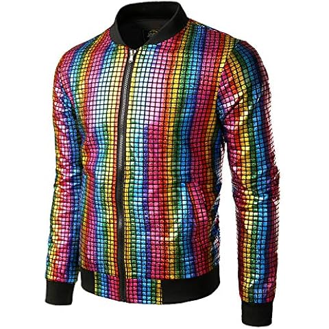 JOGAL Men's Metallic Sequins Gold Bomber Jacket 70s Disco Party Costume Large Multicolor Cover