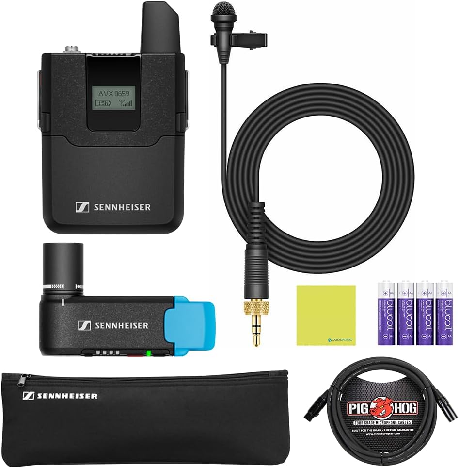 Sennheiser AVX-ME2 Set-4-US Camera-Mountable Wireless Lavalier Microphone System with Pig Hog PHM10 8mm Mic Cable, 4-Pack Blucoil AA Batteries, Polishing Cloth