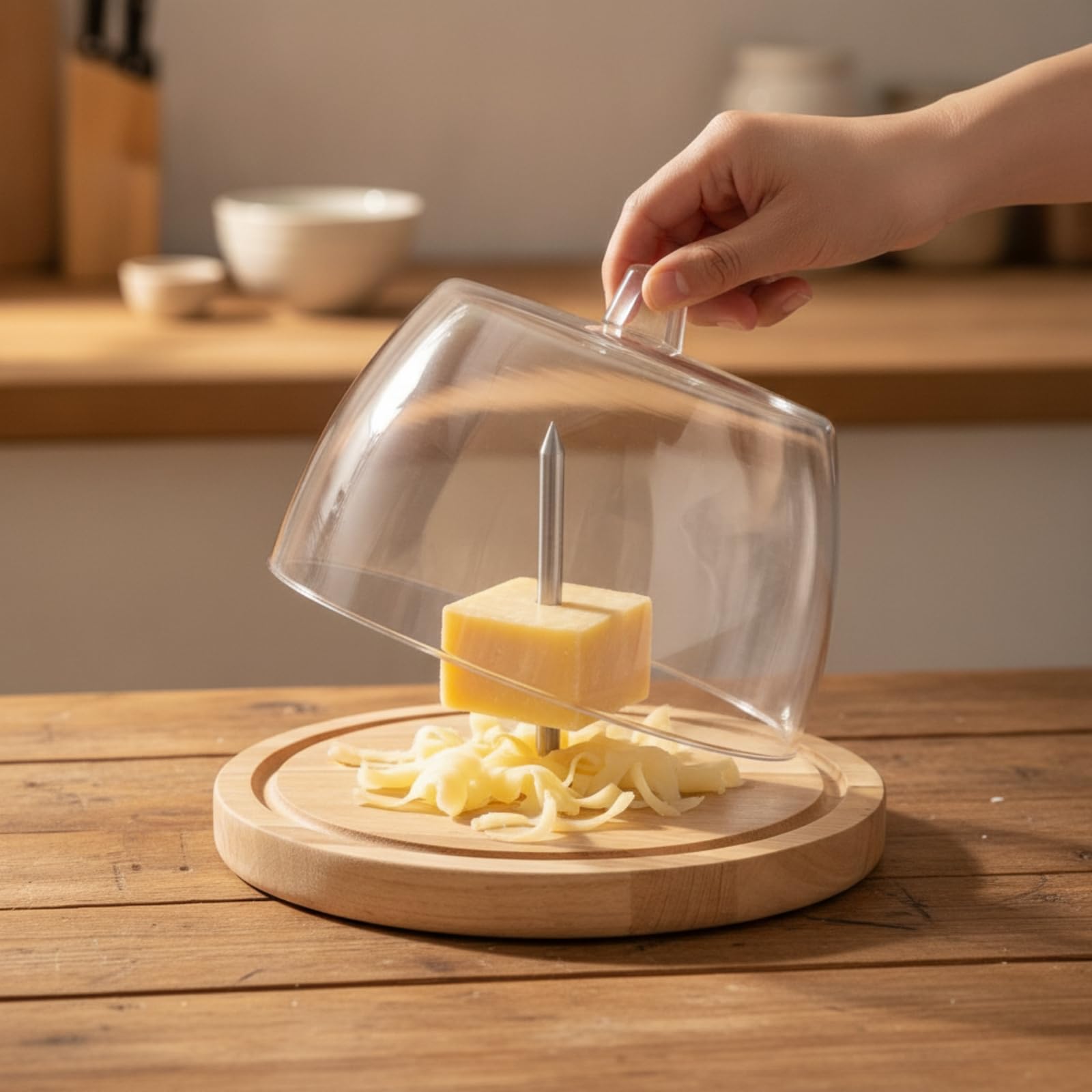 Klassischer Käsehobel aus Und Rostfreiem mit Zentraler Metallspindel Zum Schneiden von Parmesan Und Bergkäse mit Klarer Abdeckung für Kochshows Und Präsentationen