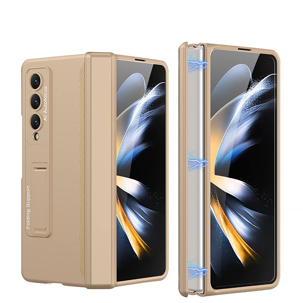 PUROOM for Samsung Galaxy Z Fold 4 Case Hinge Coverage Protective Case with Built-in Kickstand PC Magnetic All-Inclusive Shockproof Cover for Samsung Galaxy Z Fold 4 5G (Gold 02)