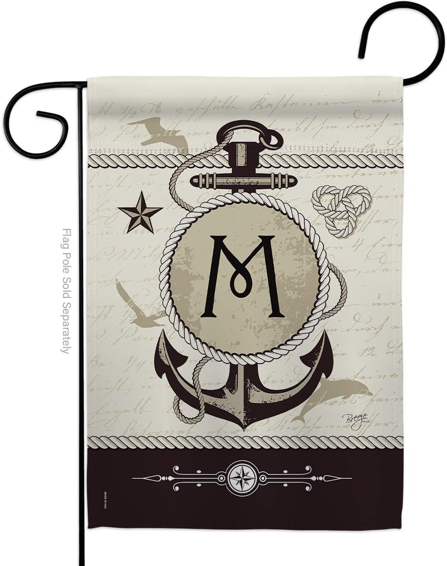 Nautical M Initial Burlap Garden Flag Monogram Coastal Anchor Sailor Sea Shells Outdoor Summer Ocean Small Decorative Gift Yard House Banner Double-Sided Made In USA 13 X 18.5