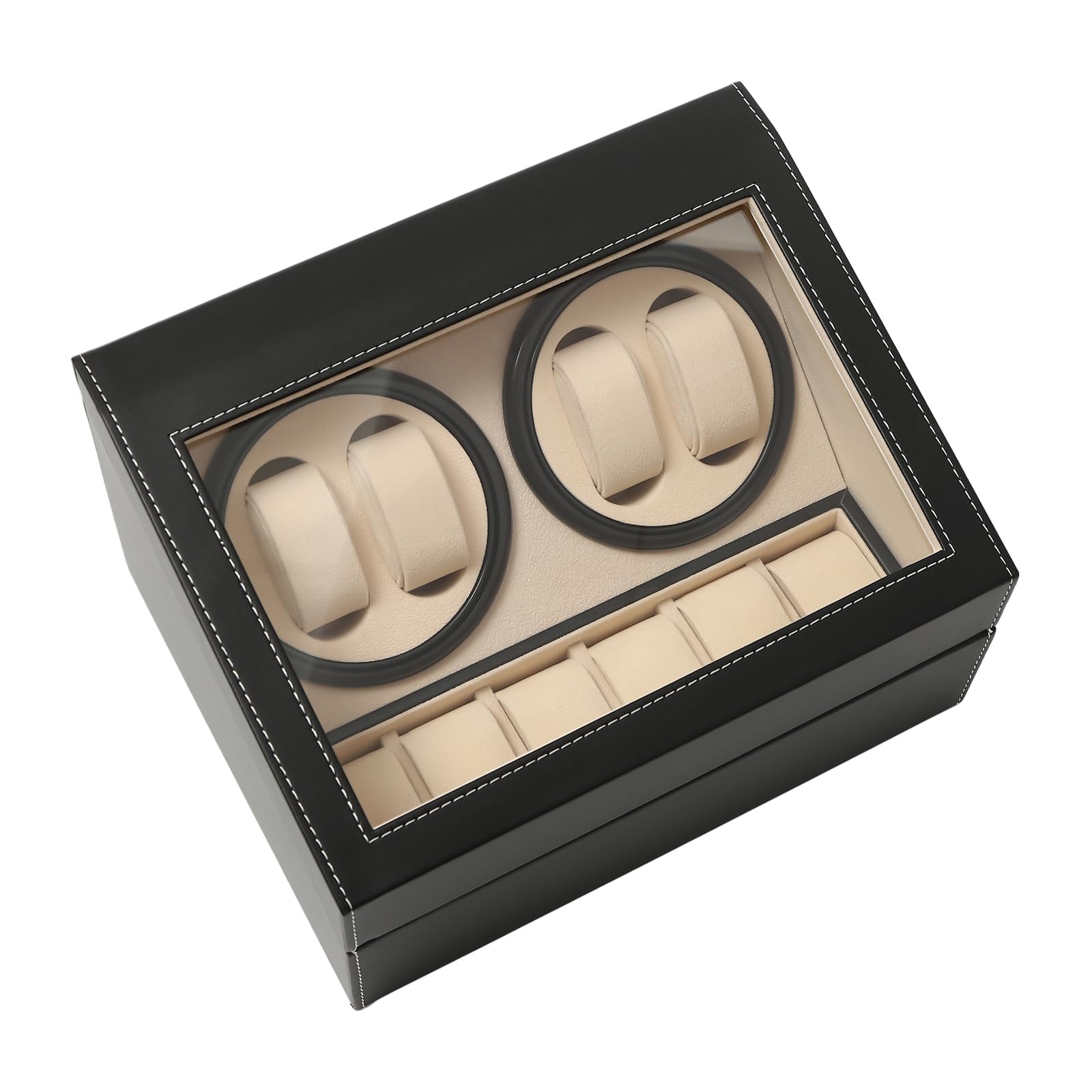 Remontoir automatique pour montres - 4 expositions + 6 rangements - Rotation automatique - Boîte à montres avec fenêtre en verre transparent - Noir