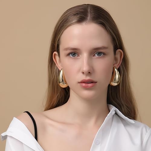 Miniatura 2 de Apsvo Aretes de aro gruesos de oro para mujer, aretes tipo Dupes, ligeros, con forma de gota de agua, aros abiertos, hipoalergénicos, chapados en