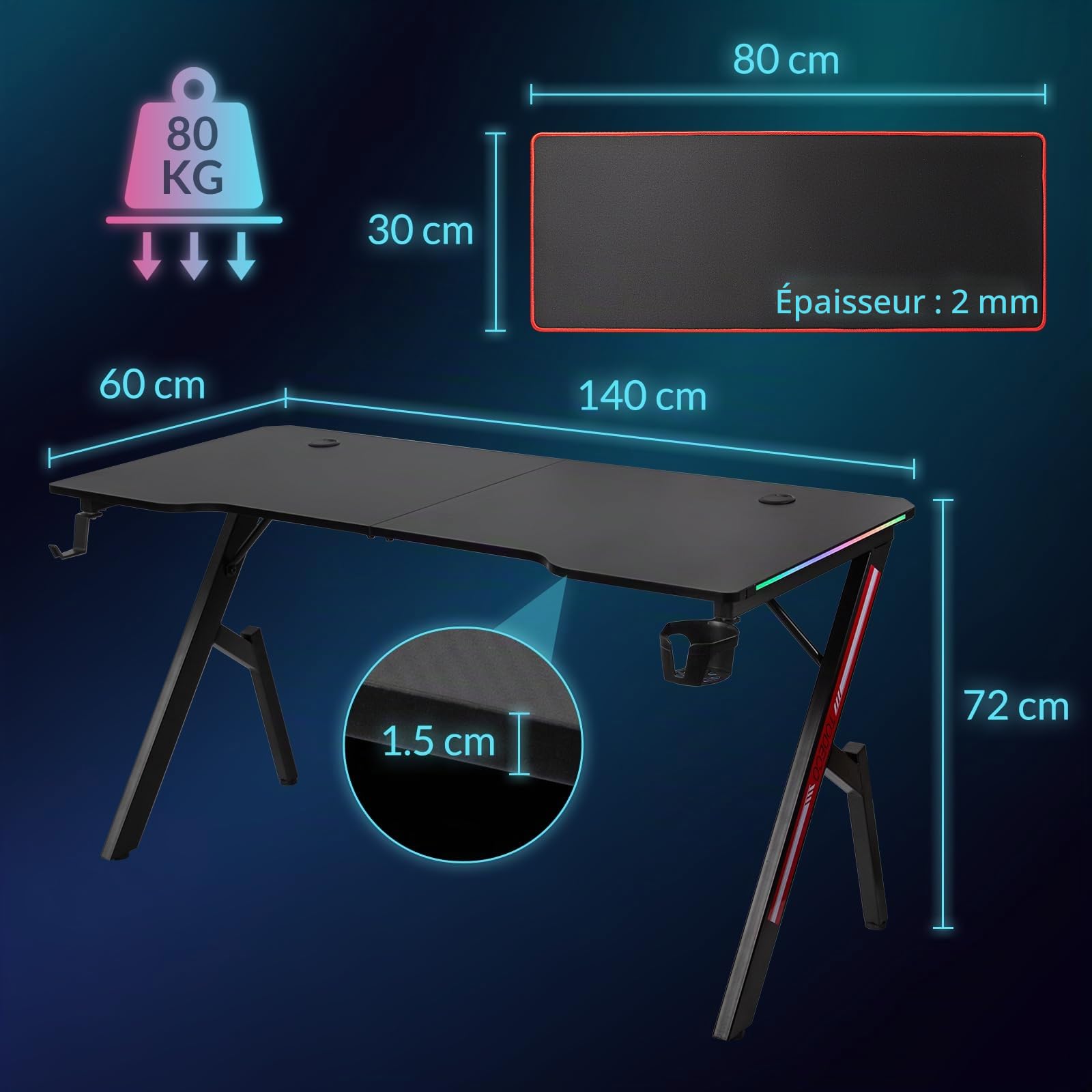 Todeco Bureau Gaming LED, Grand Bureau Gamer, 140 × 60 cm