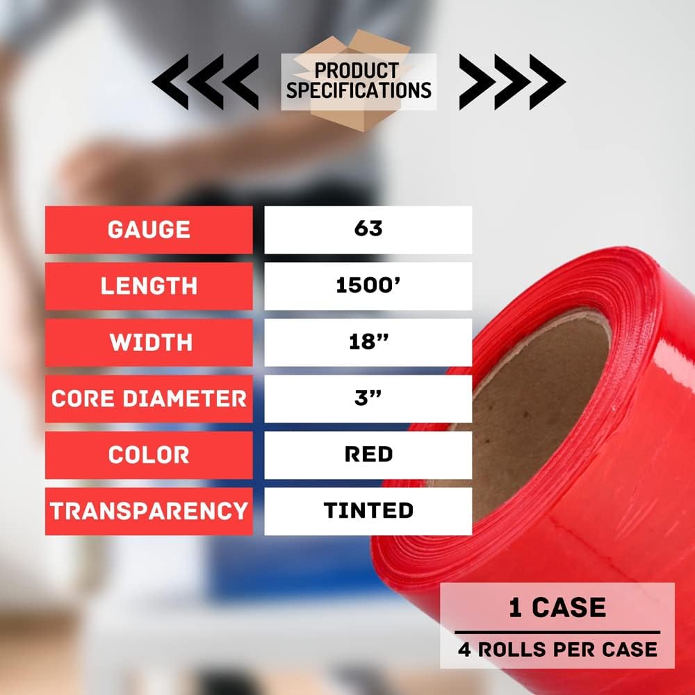 Shield Wrap Red Stretch Wrap, 4 Pack, 18 Inch x 1500 Feet, 63 Gauge, Tinted/Transparent Hand Stretch Film Rolls for Packing Pallets