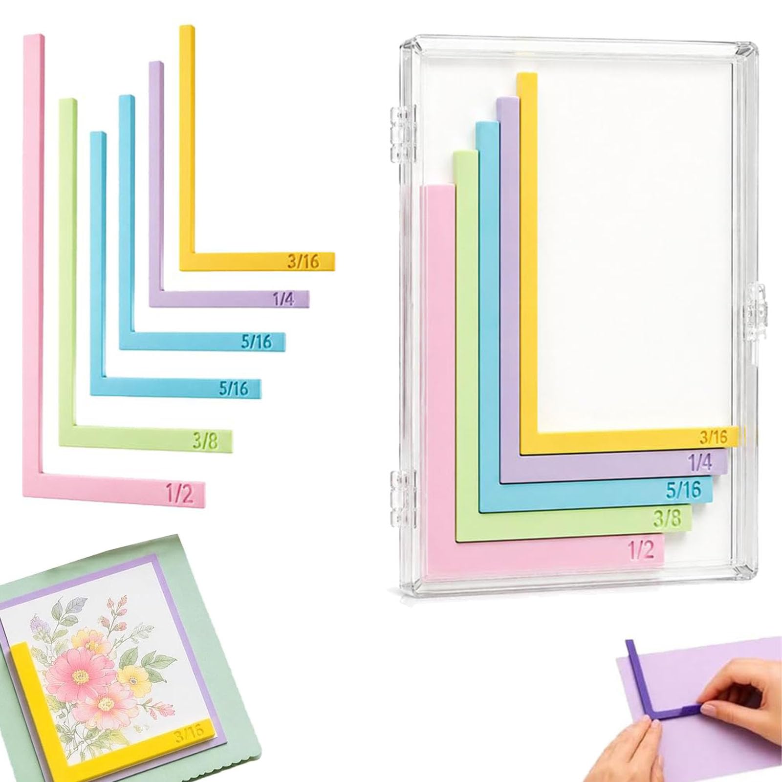 Paper Crafting Alignment Tool, 5 Pcs Precision Layering & Matting Spacers with Size Tabs, Includes Storage Case, Multi-Colour Plastic Tools Colorful, for Card Making Scrapbooking