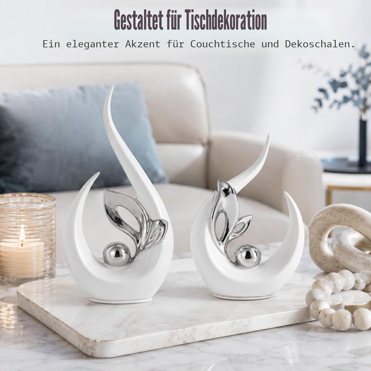 XMGZQ Weiß und Silber Keramik Statue Satz von 2,Moderne Abstrakte Skulptur Design,24 cm Porzellan Figuren Haus Deko,Tischdekoration für Wohnzimmer,Schlafzimmer,Esszimmer,Büro,Kunststatue
