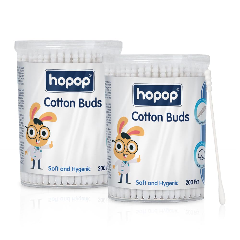 Hopop Baby Spiral Thin Paper Stem Safe Ear Cleaning Cotton Buds Swabs, 200 Stems (Pack of 2)