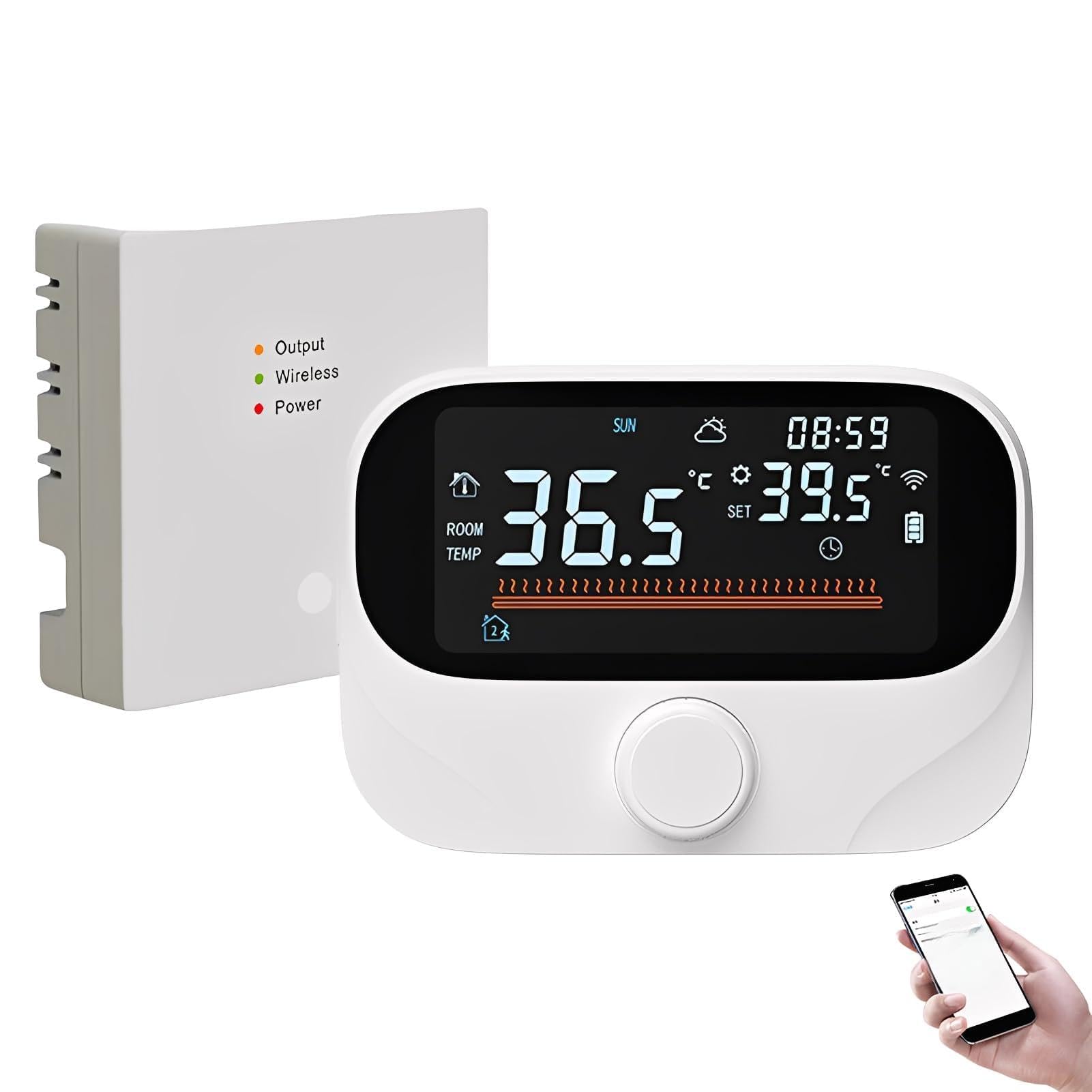 LICAEVEY Inteligentny Termostat do Kotła, Programowalny Regulator Temperatury Pokojowej WiFi RF z aplikacją Tuya i Pokrętłem do Wykrywania Wilgotności Pogodowej