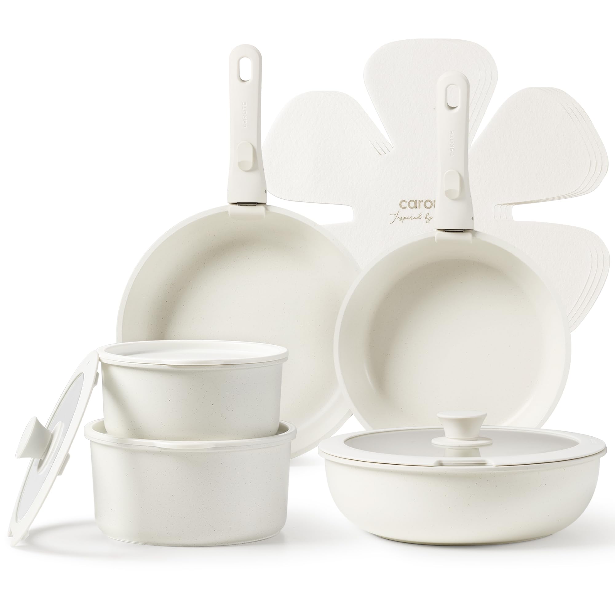 CAROTE Juego de Cocina 15 Piezas con Asas Extraíbles – Sartenes y Ollas Antiadherentes para Inducción, Apto para Horno y Lavavajillas, Sin PFOA/PTFE, Blanco