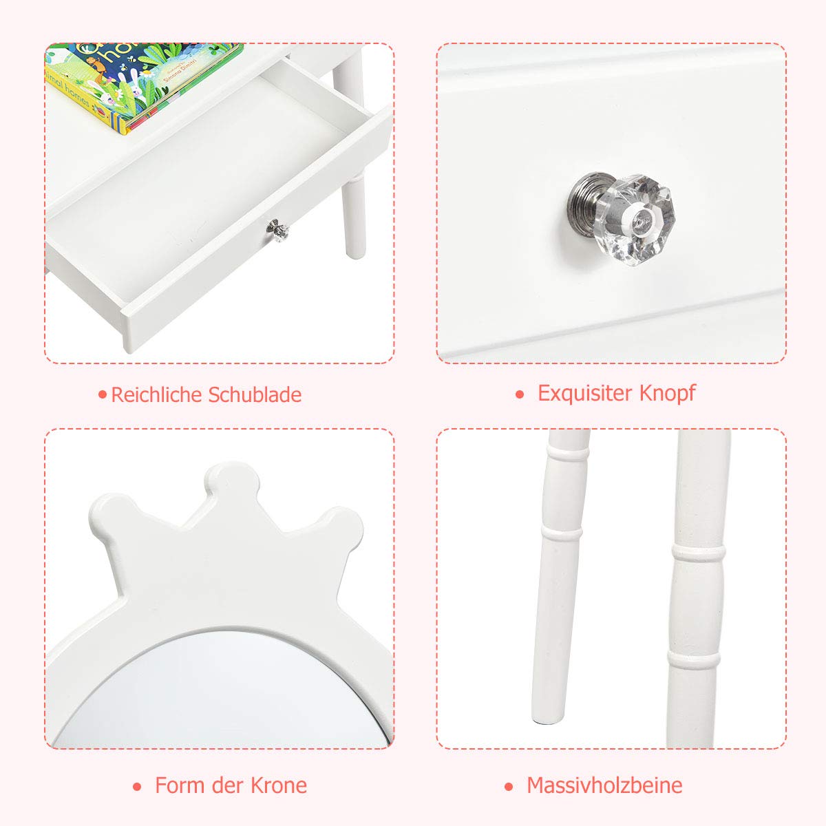 COSTWAY Kinder Schminktisch, 2 in 1 Make-up Tisch & Schreibtisch mit abnehmbarem Spiegel & Hocker, Frisiertisch mit Schublade & Kiefernbeinen, Kosmetiktisch bis 65kg belastbar, 70 x 34 x 100cm (Weiß)