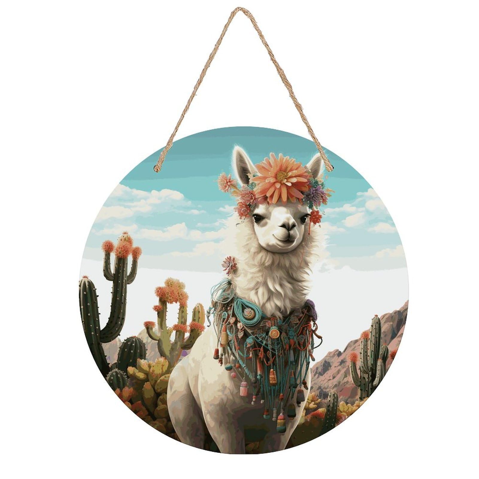 FekiLoot Mexican Llama Cactus Wall Art Decor Round Wood Hanging Sign Decoration Wooden Circle Door Sign Round Hanging Decorative Wood Plaque Door Hanger for Home Outdoor Indoor Decoration