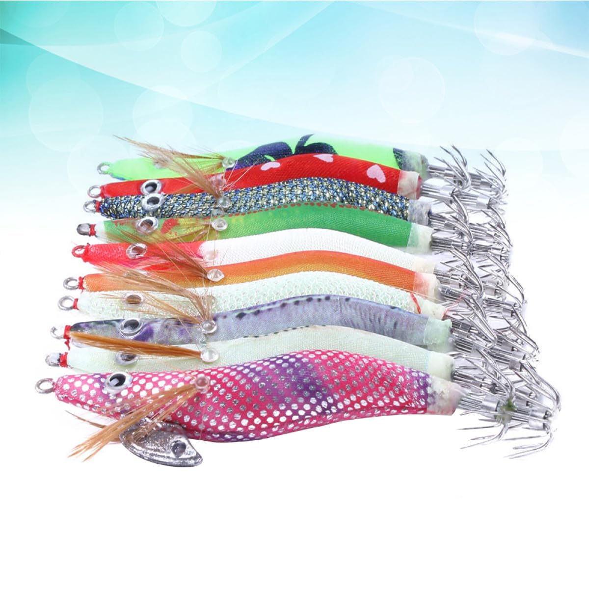 YARNOW Set 10 Pezzi Ganci Esca da Pesca Calamaro e Gambero in Plastica e Acciaio, Realistici e Vividi, per Pesca in Mare, Confezionati in Scatola Compatta