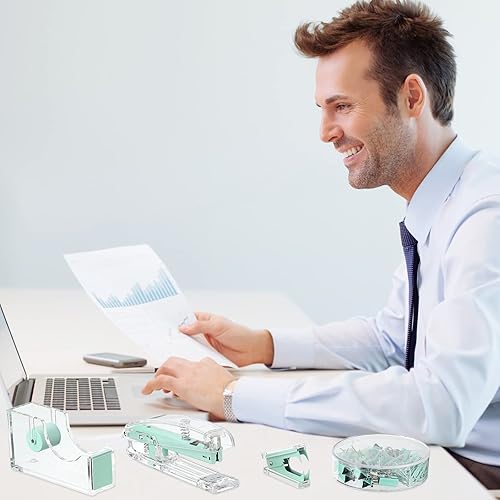 Miniatura 6 de Juego de suministros de oficina, juego de accesorios de escritorio, juego de grapas acrílicas, dispensador de cinta, clips para carpeta, clips de