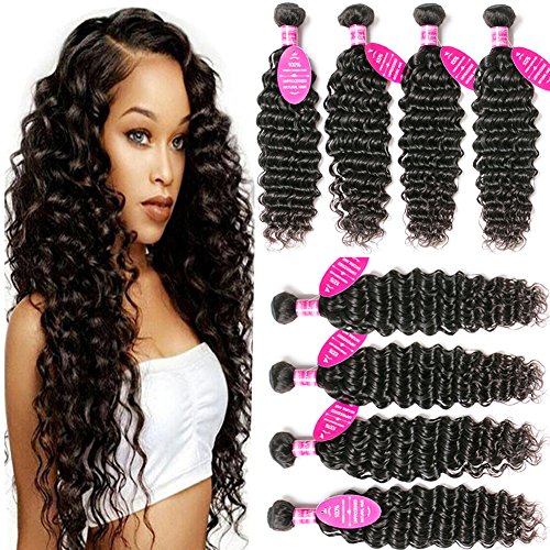 Younsolo Deep Wave 4 Bundles (18 20 22 24) 8A Unprocessed Virgin Brazilian Human Hair Extension Brazilian Deep Wave Natural Color Can Be Dyed and Bleached