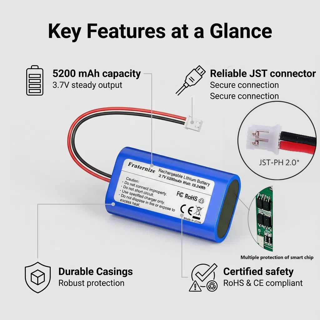 Amazon.com: 5200mAh 3.7v Lithium ion Battery with 2.0Pin JST-PH