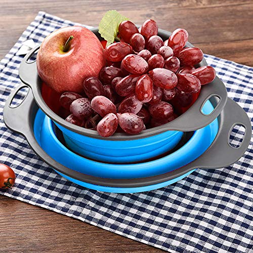 Rikivt Collapsible Colander Set, Dishwasher-Safe & Space-Saving Kitchen Strainers For Pasta, Vegetables, Fruits, 1 Pc 4 Quart And 1 Pc 2 Quart Folding Round Silicone Colander (Blue) #TOP5