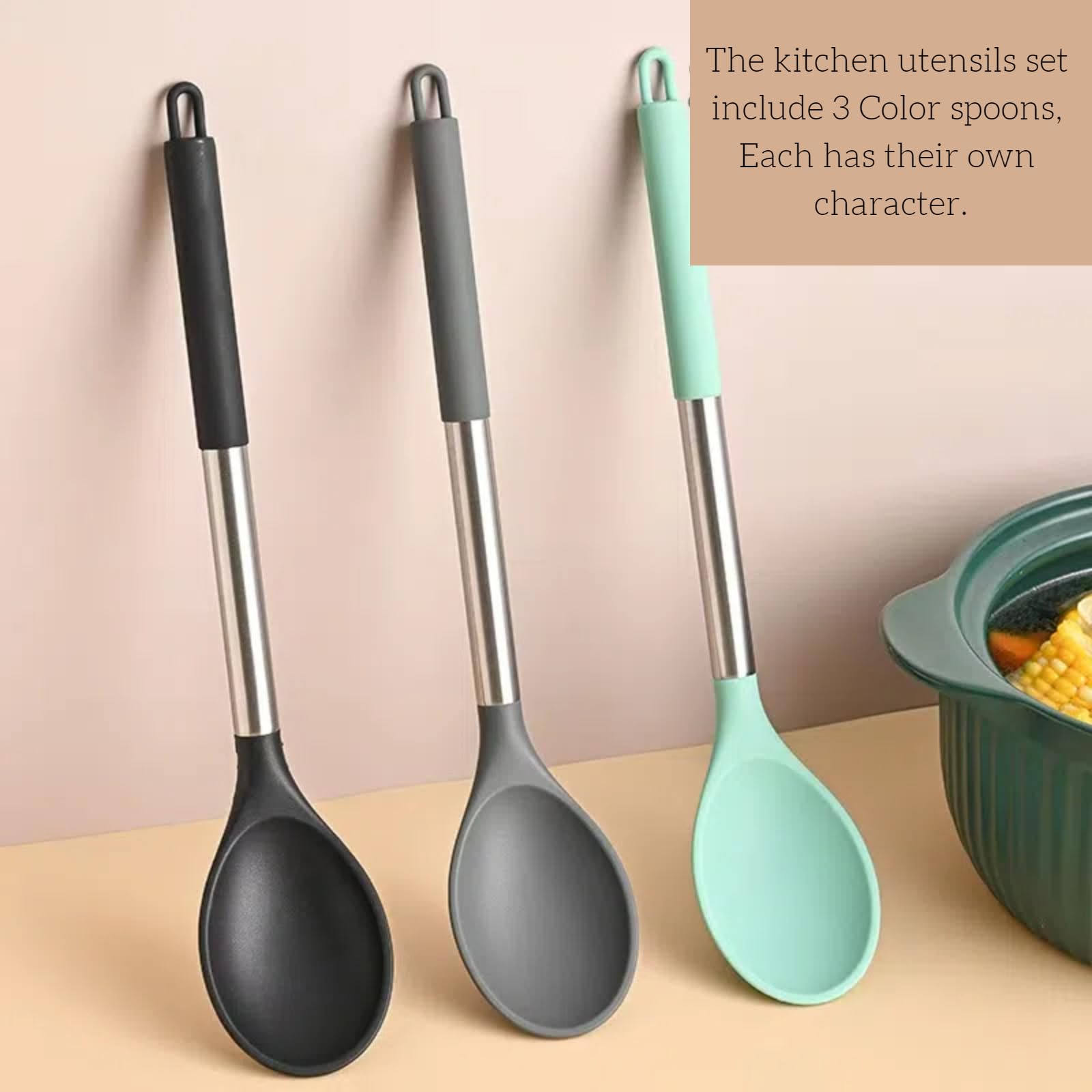 Juego de cucharas de cocina sólidas de silicona (13.2 pulgadas), paquete de 3 cucharas de servidor antiadherentes con mango grande de acero inoxidable resistente al calor 600 °F, cuchara de 3