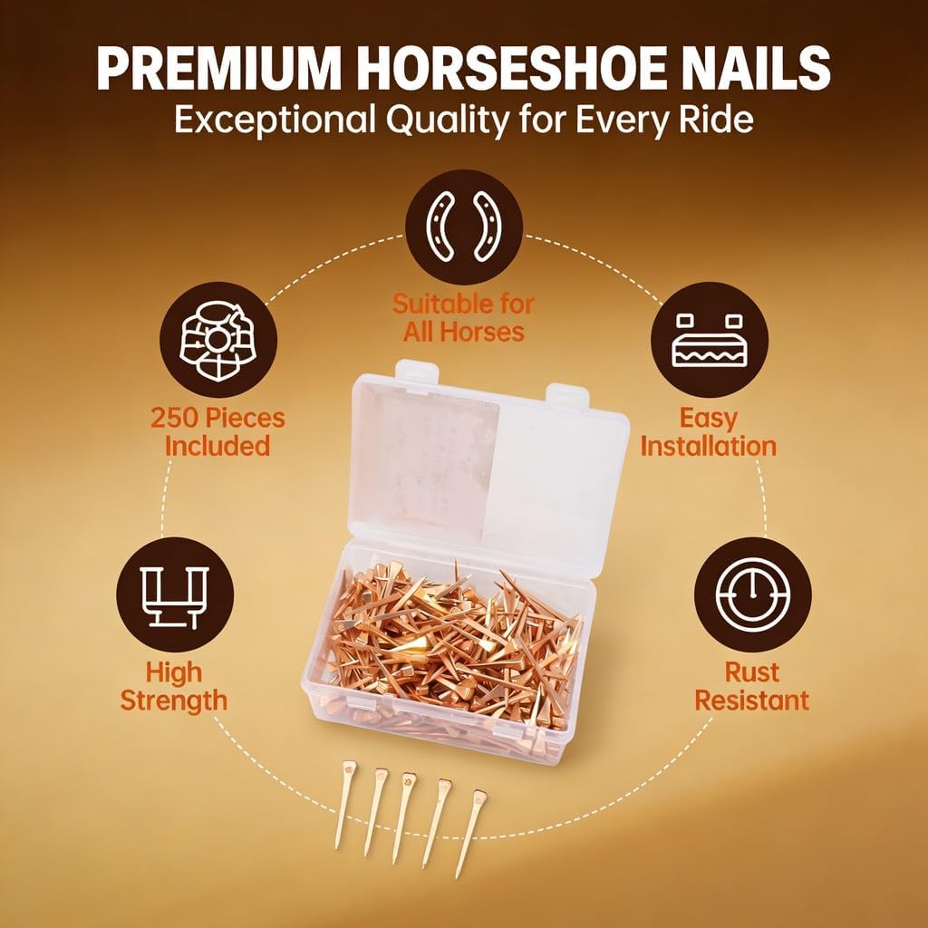 250Pcs Copper Plated Horseshoe Nails, Rustproof Equestrian Riding Equipment - Durable Material, Suitable Stiffness, Convenient Storage for Horse Hoof Care (45mm E3)