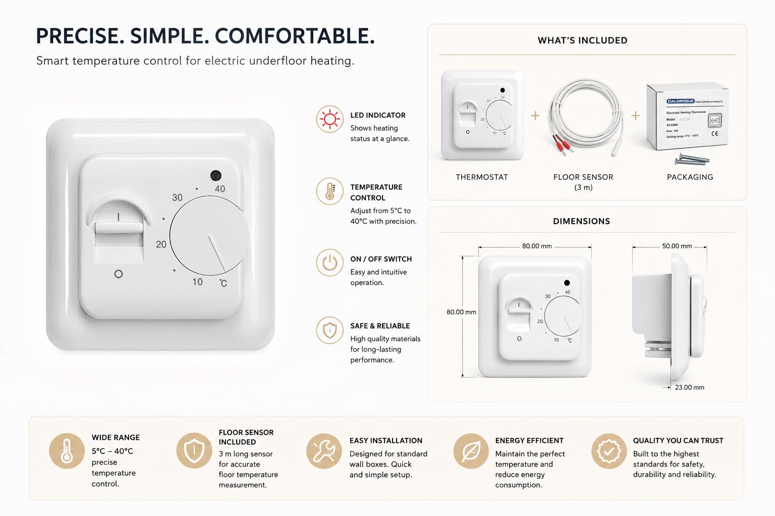 Fußbodenheizung Thermostat Elektrisch Regler mit Bodensensor Fühler 230V 16A, CALORIQUE BTC70 Manuell Raumthermostat Mechanisch Unterputz Fussbodenheizung Fußbodenheizungsregler