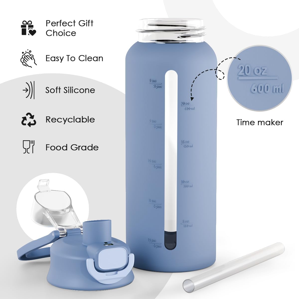 Glass Water Bottle with Silicone Sleeve 24oz with Lid, Motivational Time Marker, Drinking Hydration Glass Bottles for Men Women, Gym Travel Sports (Blue) - Image 3