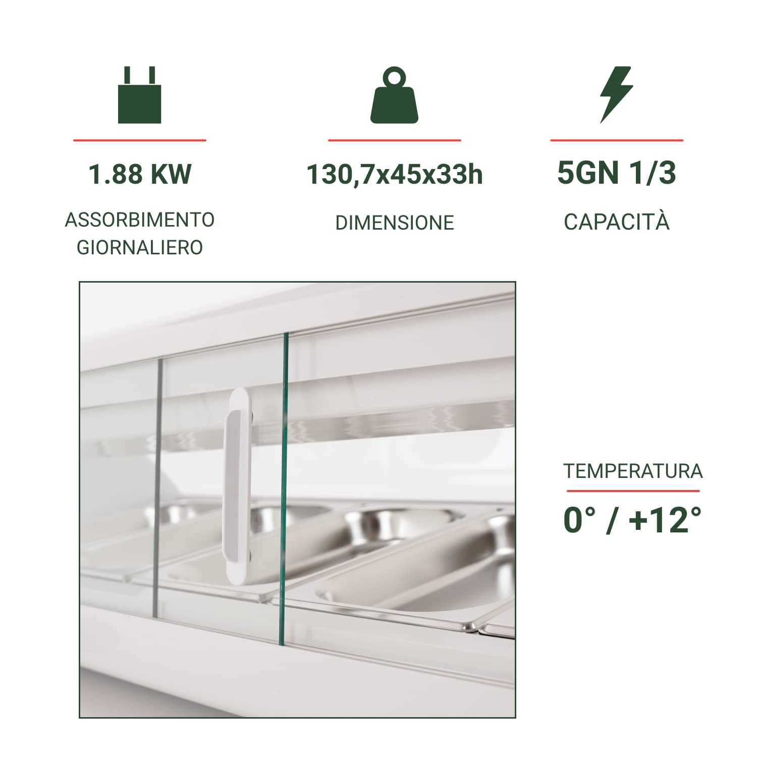 Ristoattrezzature Vetrina Frigo per Sushi da Banco Refrigerata - Vetro frontale curvo apribile - Motore incorporato - Bianca - 5 gn 1/3-130,7x45x33h cm