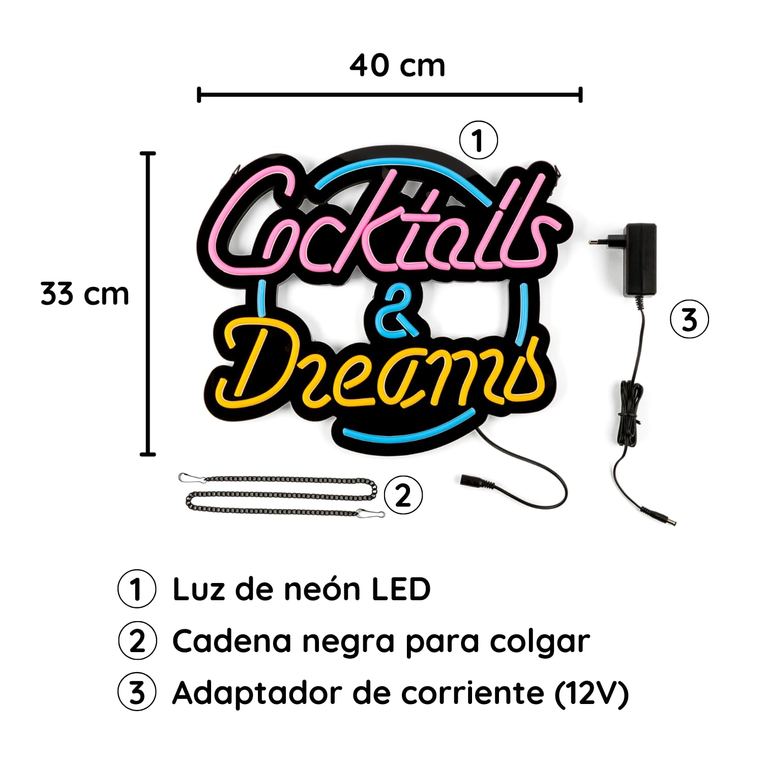 Cocktails and Dreams - Luces Neón LED Bar o Pub Decorar Pared y Barra, Letrero Luminoso LED Decoración Cervecería Mojito, Cartel Luz LED Bar Restaurante. Incluye mando a distancia y Adaptador