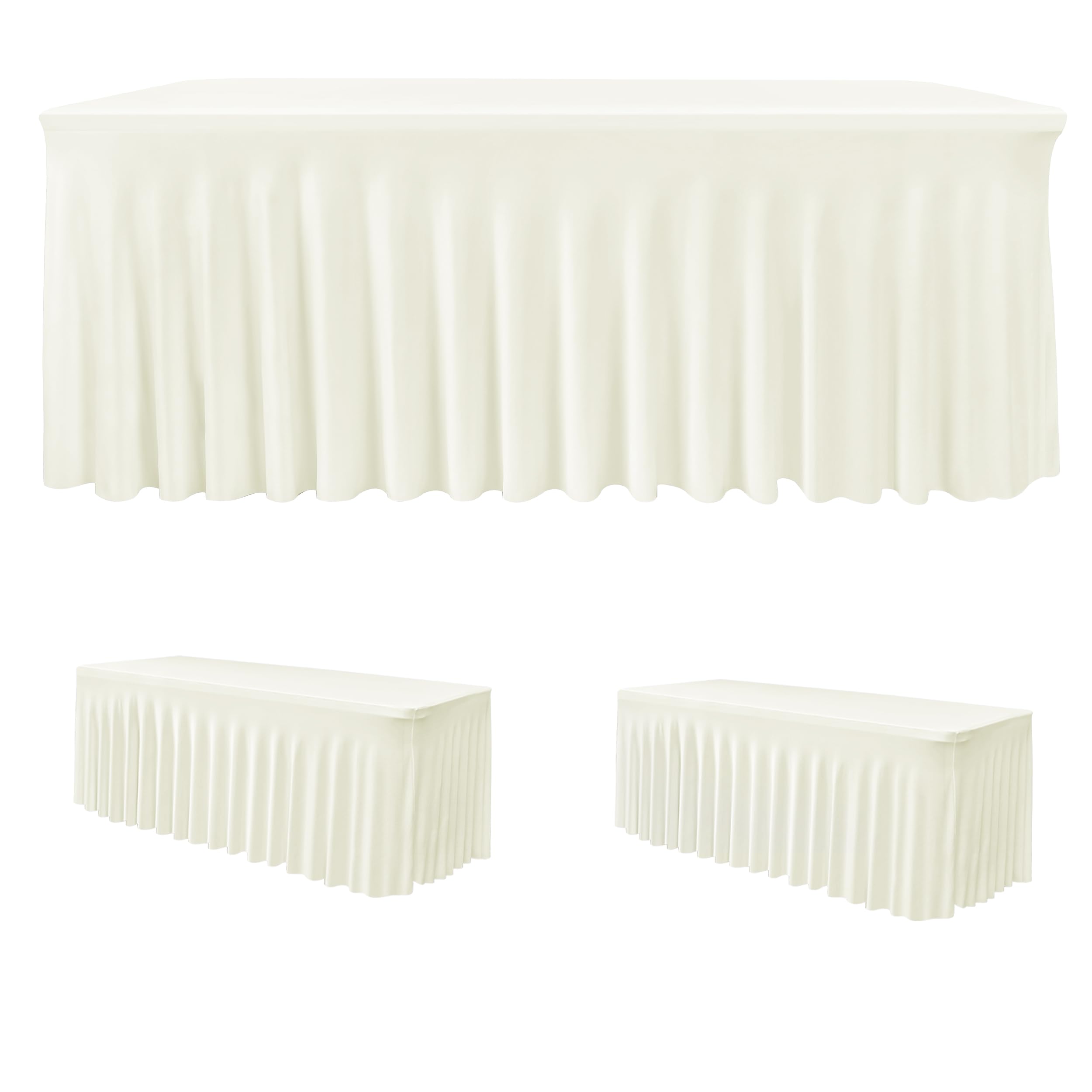 2 Pack Beige Spandex Table Covers 8ft Rectangle Ruffle Skirts for Party