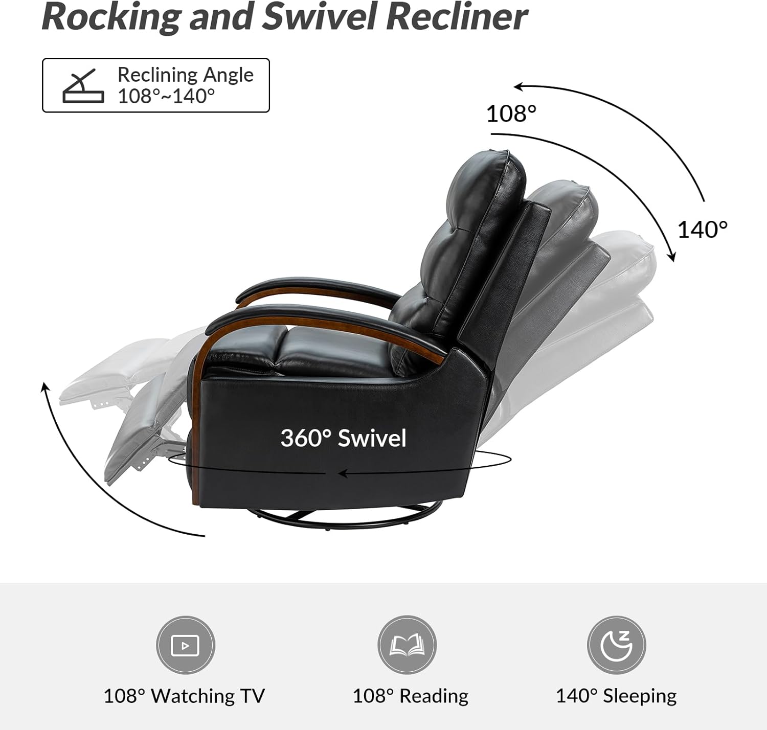 HULALA HOME Genuine Leather Recliner Chair, Rocking Swivel Recliner Sofa, Manual Glider Recliner Chair with Adjustable Backrest & Footrest, Black