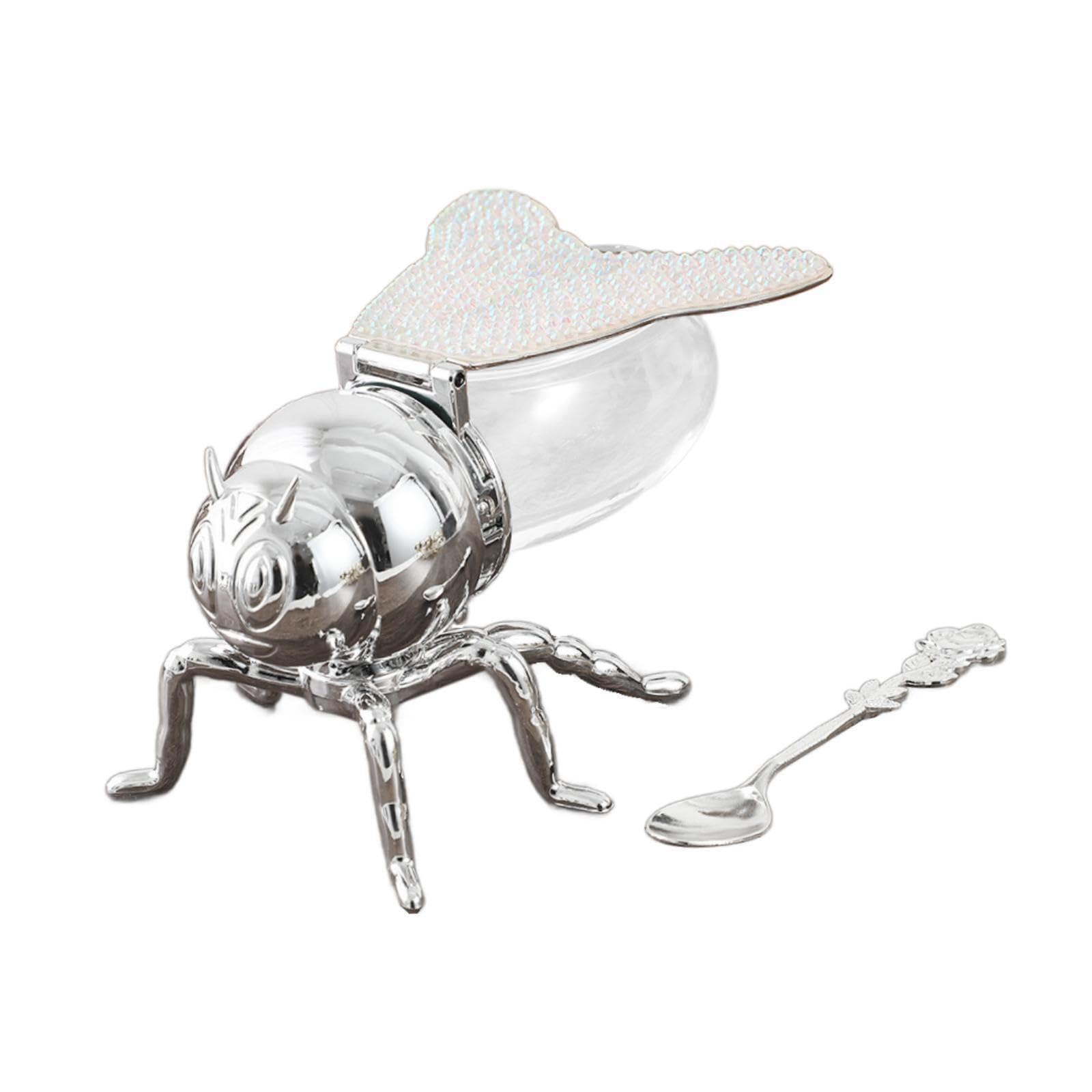 TWISAXC Elegant Bee Honey Jar Designed With Spoon Bee Seasoning Jar For Spice Storage And Organization Cute Bees Honeys Sugar Bowl Seasoning Rhinestone Sugar, Silver, 10x15x8.5cm