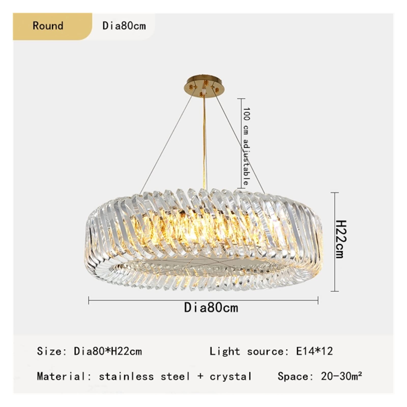 Genérico Lámparas de araña, Candelabros de Cristal Led Redondo de Acero Inoxidable araña de Cristal for Estudio Sala de Estar Dormitorio lámpara Colgante Ovalada Accesorios de iluminación