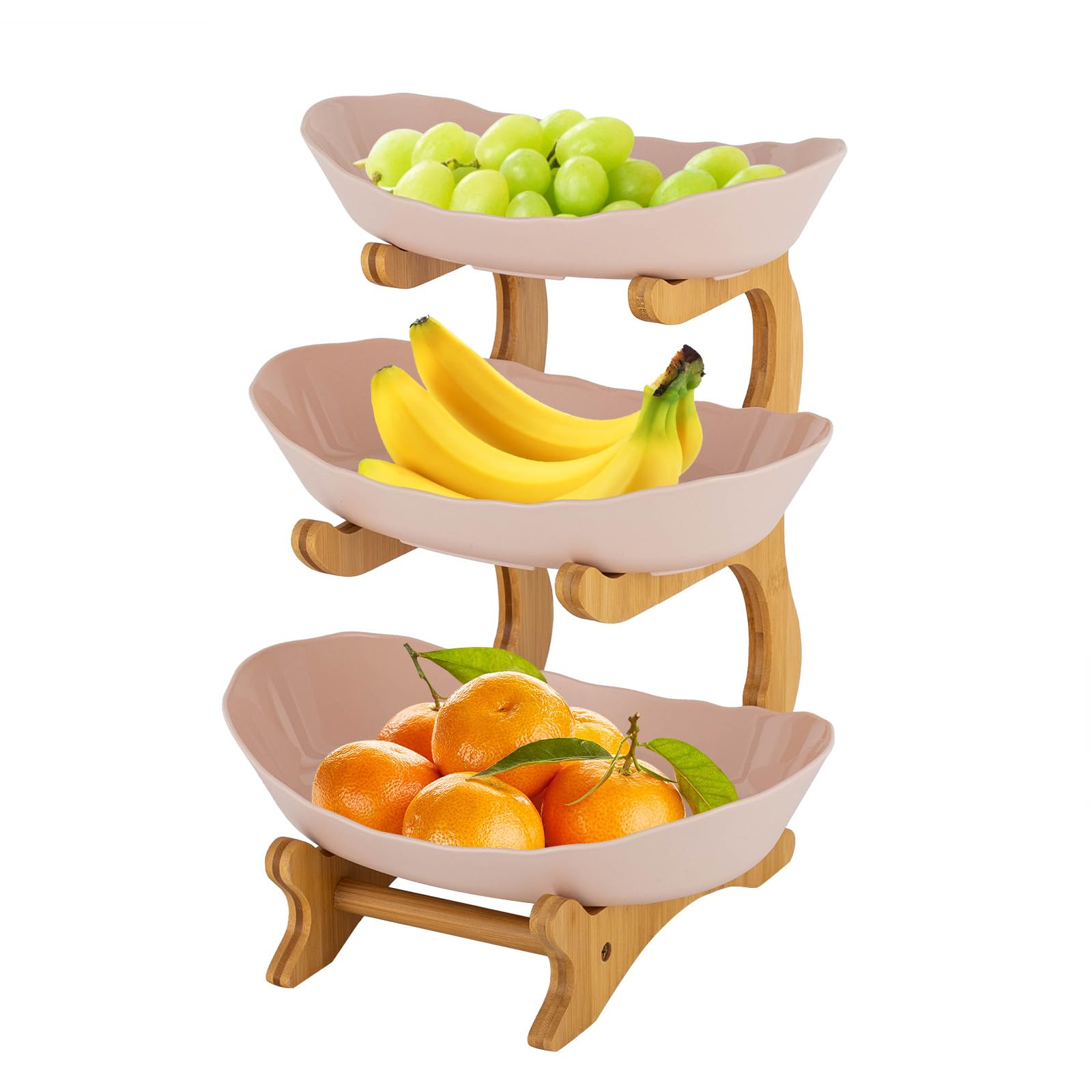Ciotola per frutta a tre piani con supporto in legno di bambù, con supporto in bambù naturale, rimovibile, per frutta, dolci, noci