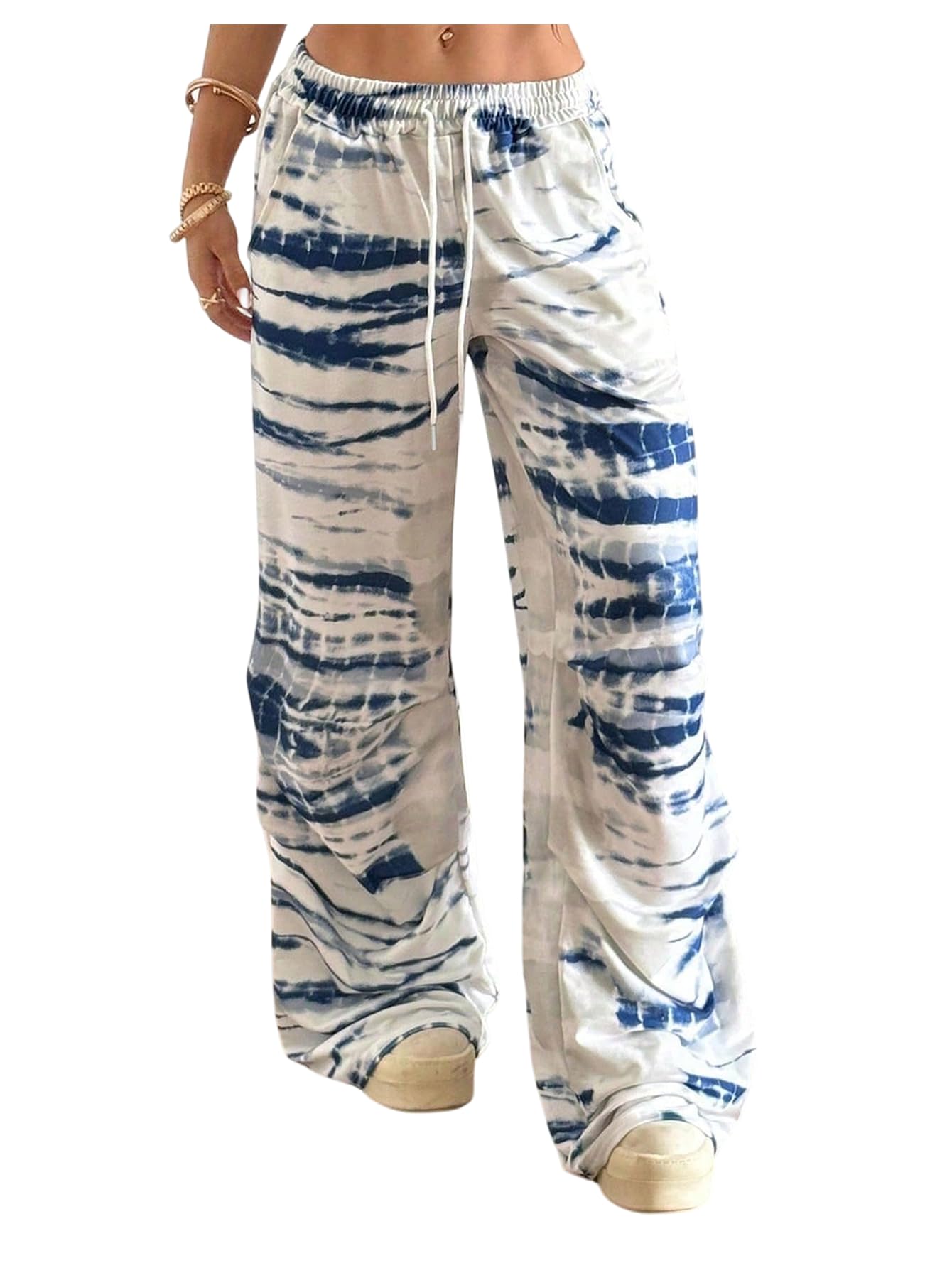 Womens Tie Dye Drawstring Pants Y2k Low Rise Wide Leg Loose Trousers