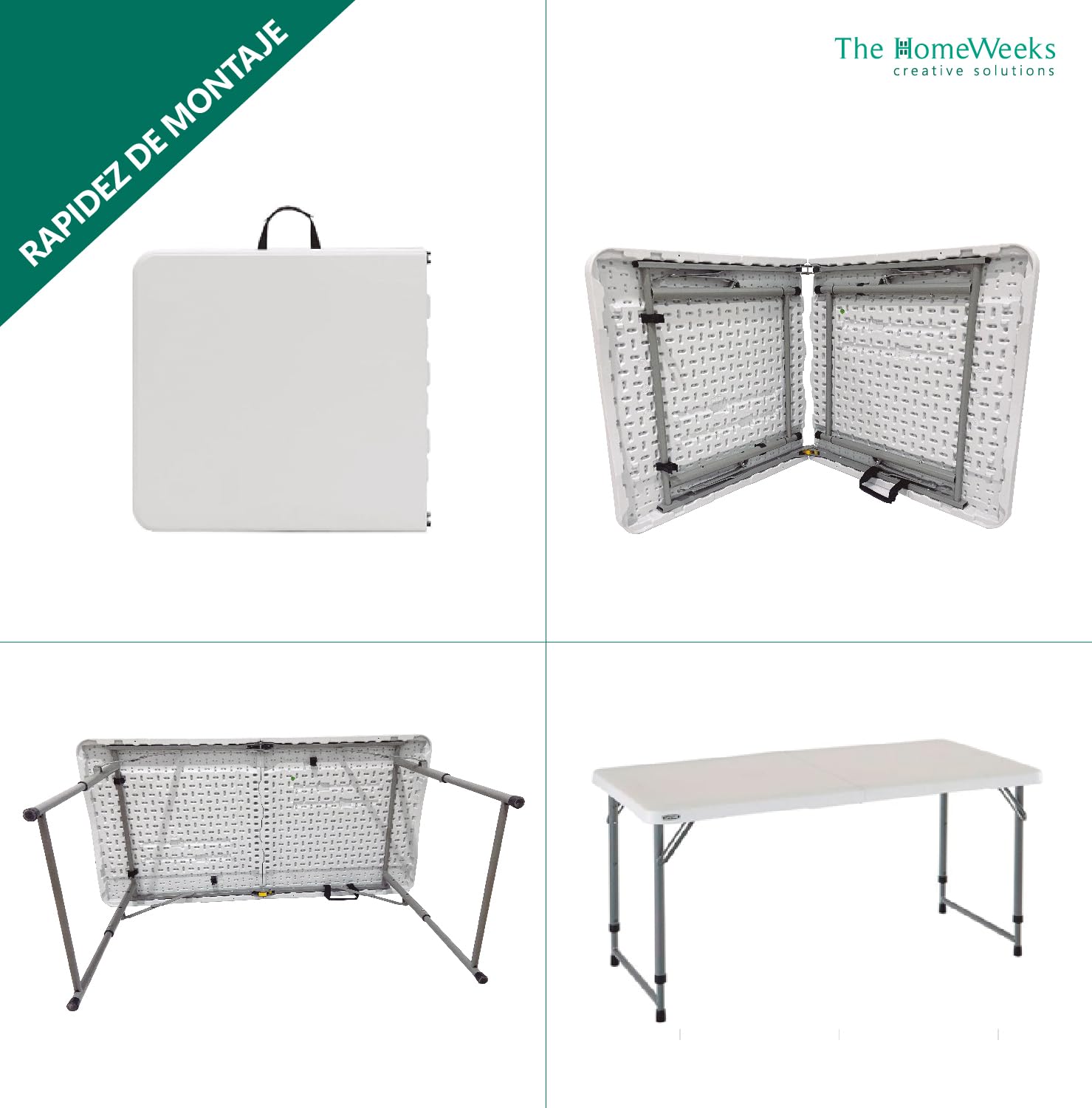 The Homeweeks Tavolo pieghevole solido 120 x 60 x 48/61/74 cm Altezza regolabile e portatile Normativa Uso pubblico per interni/esterni (EN 581-1/3). Pannello in resina HDPE 3,5 cm Capacità 4 persone