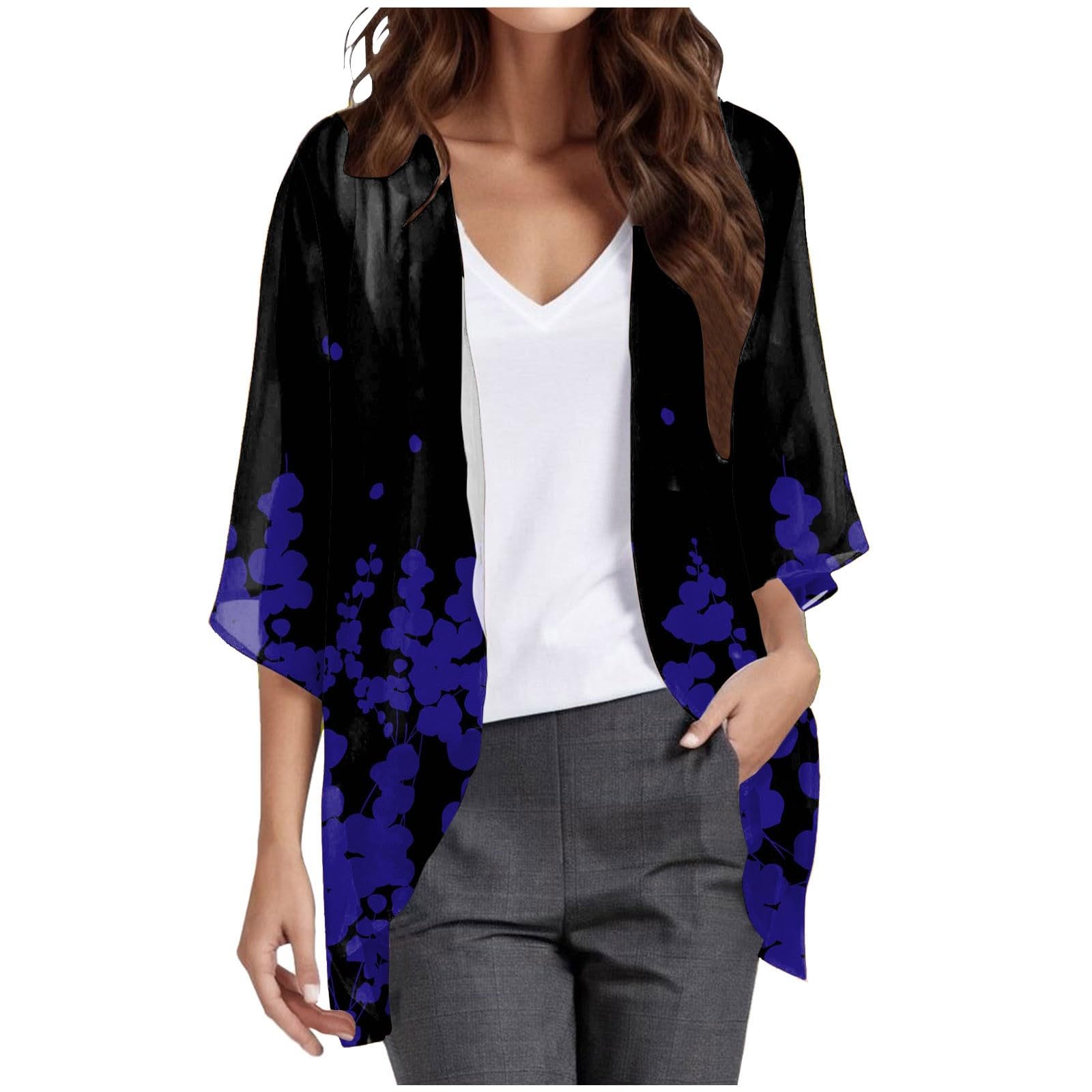 Generic Cárdigan de gasa para mujer, con frente abierto, con estampado floral, mangas tres cuartos, transparente, suave, tallas extragrandes, para verano, playa, fiesta, vacaciones, tops