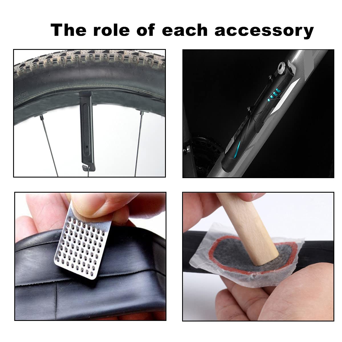 Kit di riparazione per bici, strumento di riparazione di toppe portatili per bici con borsa per riparazione di biciclette e pompa per pneumatici per biciclette per viaggi in campeggio