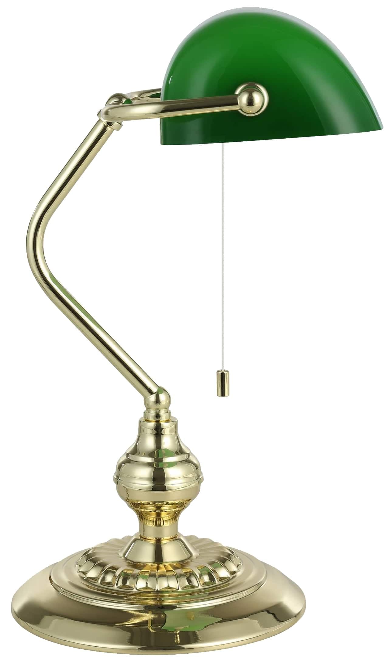 EGLO Tischlampe Banker, 1 flammige Tischleuchte Vintage, Retro, Art Deco | Klassik, Schreibtischlampe aus Stahl und Glas, Nachttischlampe, Bürolampe, Messing, Grün, Lampe mit Zug-Schalter, E27 Fassung