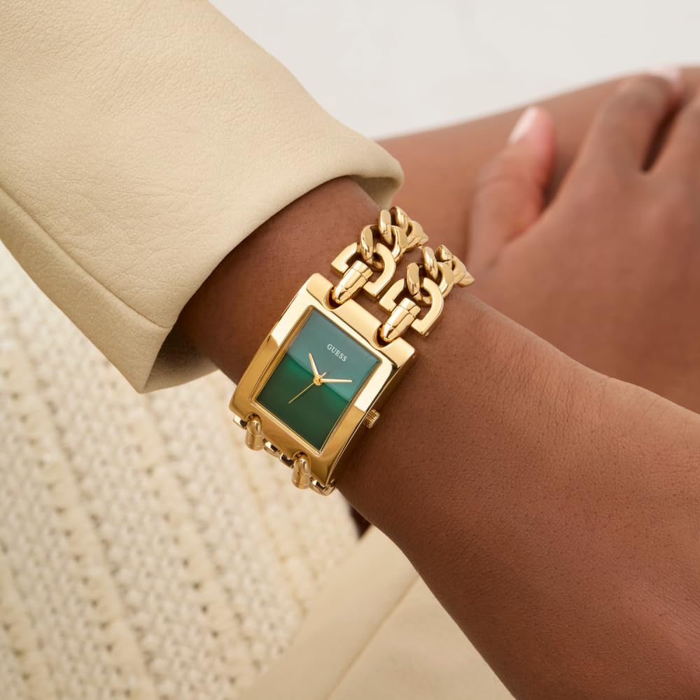 Guess GT MOD Heavy Metal Damen Armbanduhr, Edelstahl, 28 mm, Edelstahlarmband, Farbe: Gold, 3 bar, Zifferblatt: Grün, GW0740L2