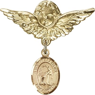 Gold Filled Baby Badge with St. Valentine of Rome Charm and Angel w/Wings Badge Pin 1 1/8 X 1 1/8 inches