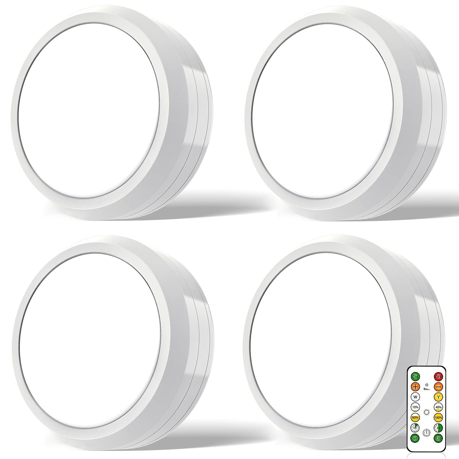 Moujuchi White-4 Pcs Under Cabinet Puck Lights, 4 Pack Battery Operated Dimmable Touch Shelf Lighting With Remote Control For Closet, Cupboard, Kitchen, Wardrobe (White)
