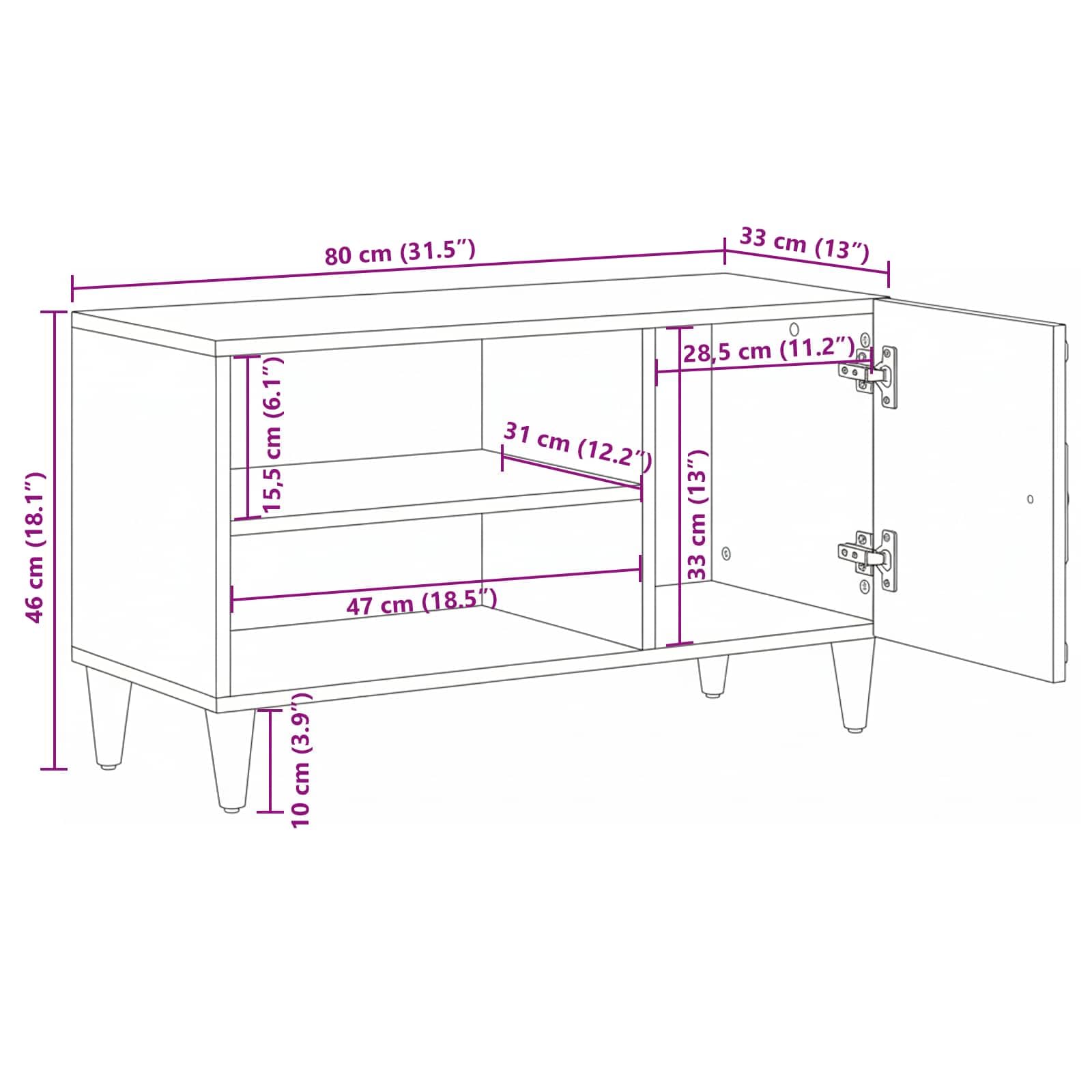 TV-Schränk mit Regal Weiß 80 x 31,5 x 46 cm Massivholz Mango, Lowboard Mediaschrank Sideboard mit Metallfüßen, HiFi Rack für Wohnzimmer und Heimkino, Kommode für TV und Gaming Zubehör