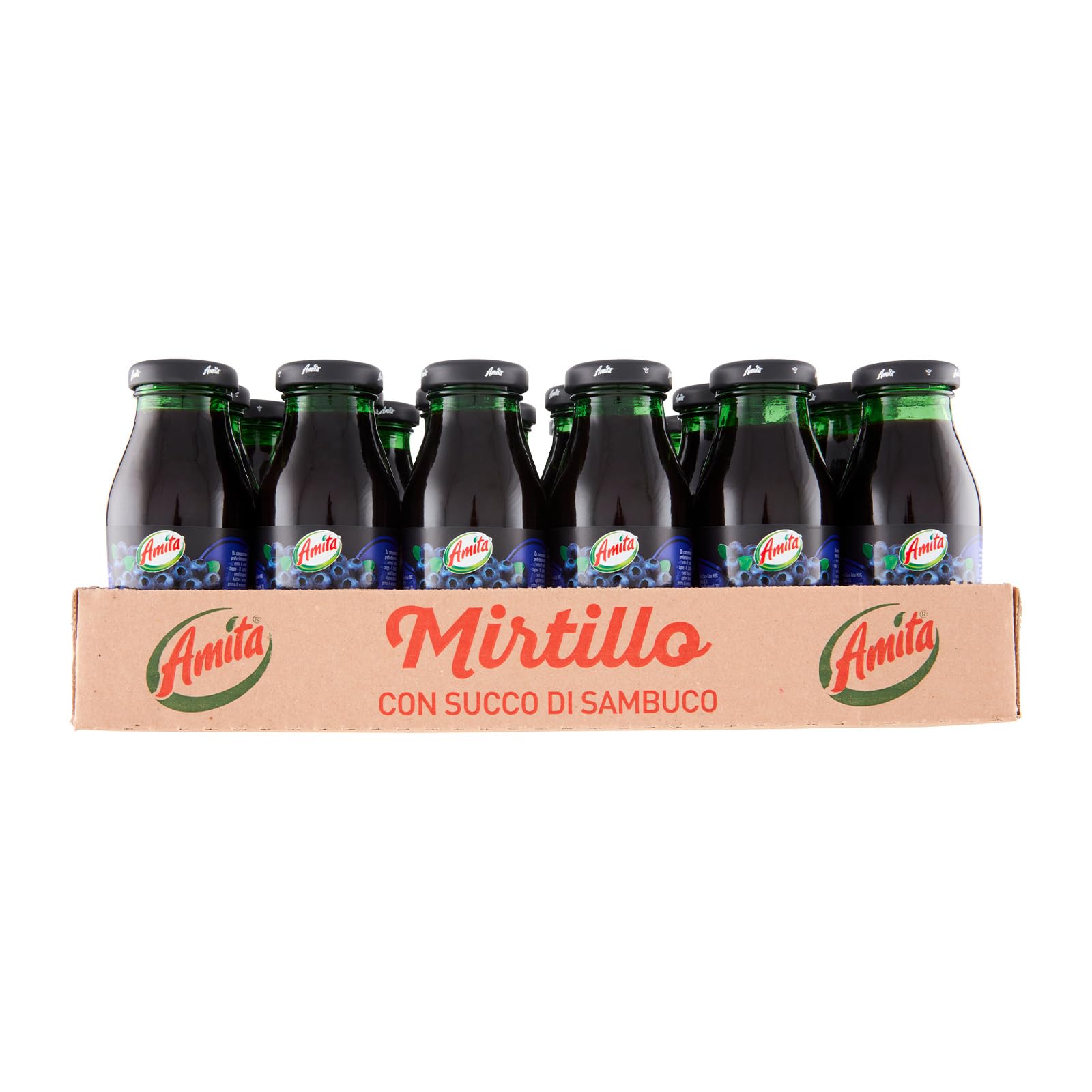Amita Mirtillo, Bevanda Rinfrescante a Base di Mirtillo (24%) e Succo di Sambuco (9%), Gusto Autentico e Fresco, con almeno il 40% di Frutta - Confezione da 24 Bottiglie di Vetro