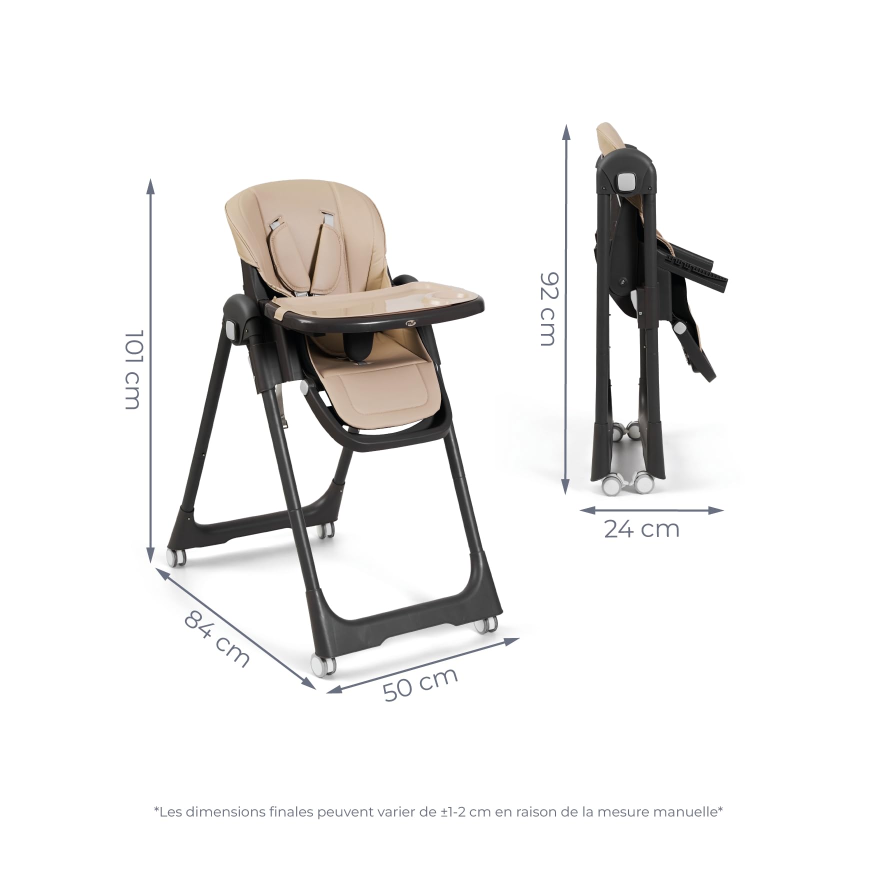 MS BabyWorld – Siège-bébé évolutif Tasty | 7 positions de hauteur et 3 de réclinaison | Plateau amovible et repose-pieds réglable | Portable, pliable, jusqu'à 3 ans (Sable)