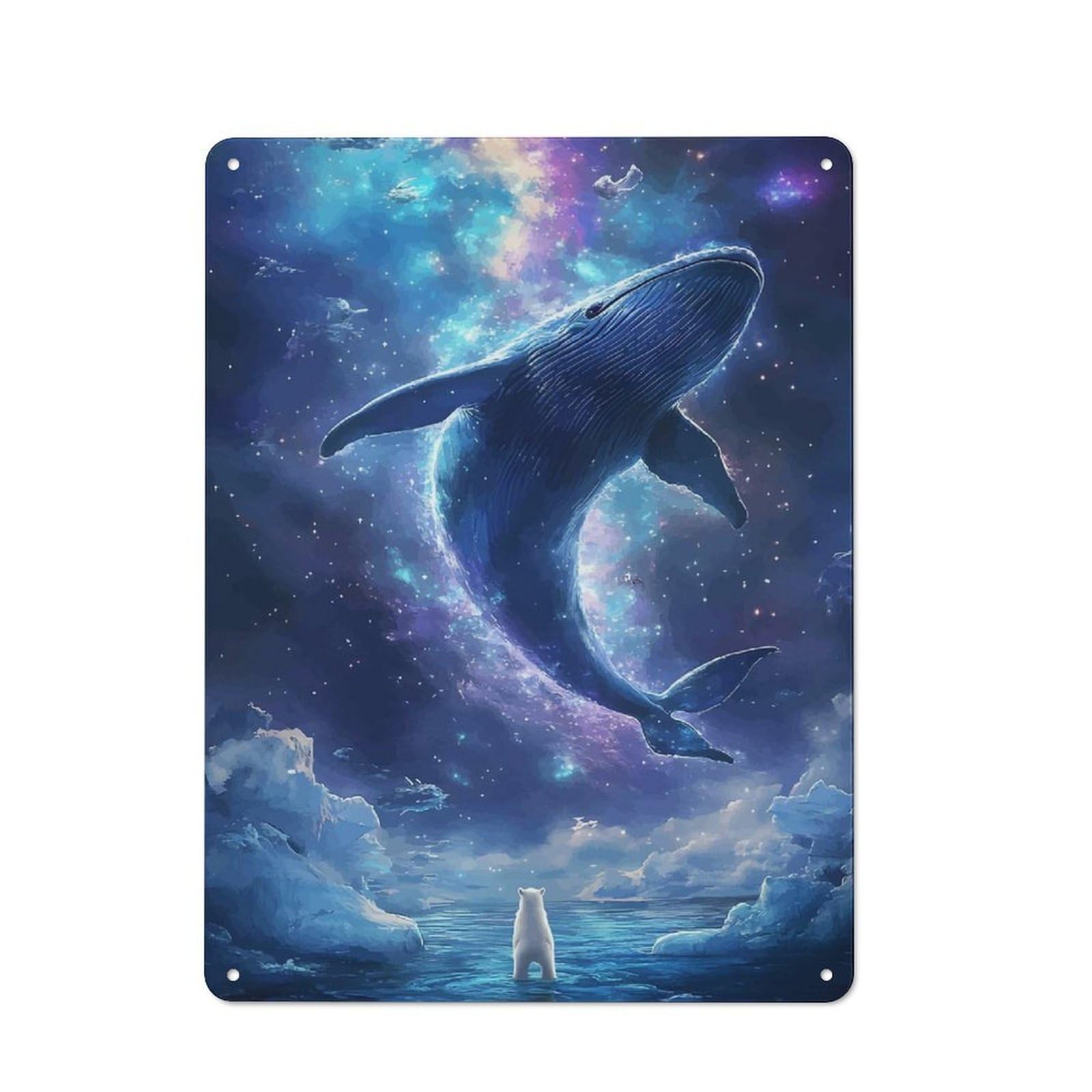 Whale in Space with Polar Bear Rustic Metal Sign 40x30cm for Hobby Room Or Studio, Suited to Hobby Room Decor Fans