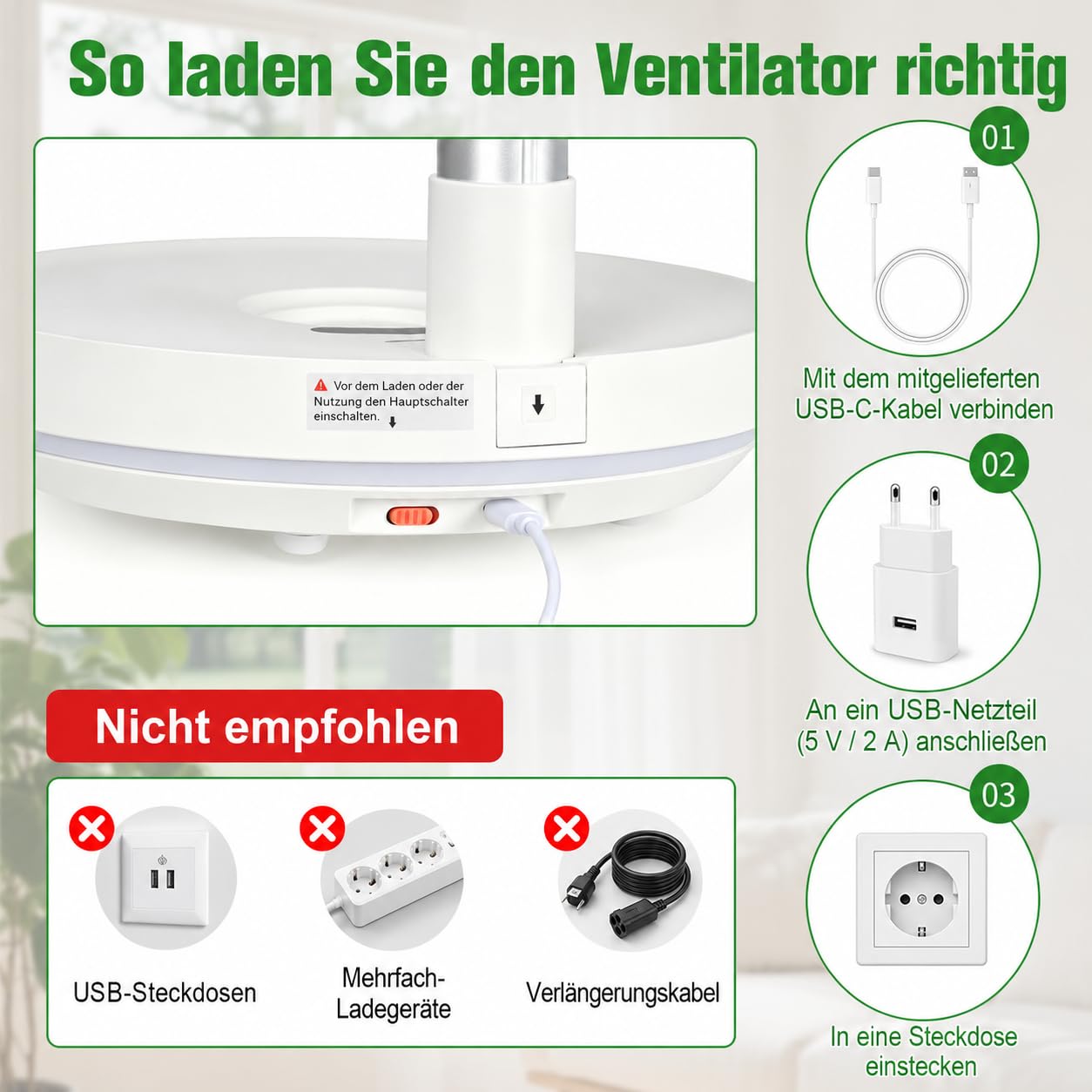 Faltbarer Ventilator mit Fernbedienung 10000mAh Akku Typ-C-Anschluss